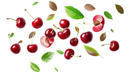 red cherries with green leaves slice isolated on transparent white background, clipping path