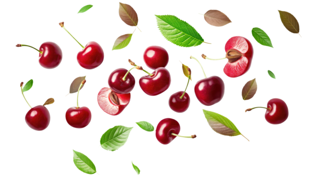 red cherries with green leaves slice isolated on transparent white background, clipping path