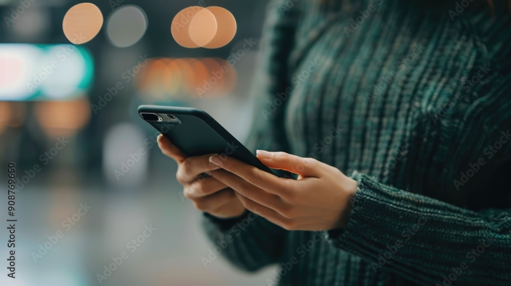 Poster close up shot of a person s hand holding a mobile phone or smartphone with a blurred background show