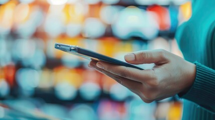 Closeup of a person s hand using a mobile wallet or digital payment app on a smartphone with a blurred abstract background showing the concept of secure
