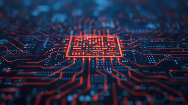 Intricate microchip circuits with a QR code overlay symbolizing the advanced digital connectivity and cashless payment transactions powering modern financial technology and commerce
