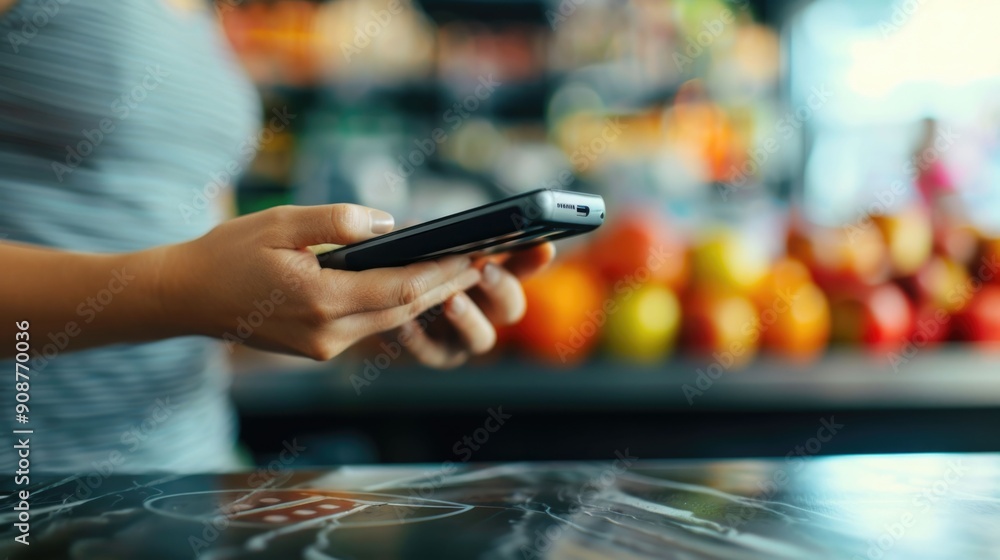 Aufkleber close up of a person s hand using a smartphone to make a quick and convenient payment in a blurred g