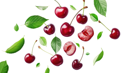 red cherries with green leaves slice isolated on transparent white background, clipping path
