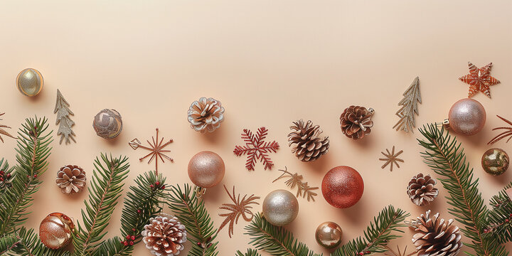 Stilvolle Weihnachtskomposition mit Vintage-Dekorationen, Kugeln, Tannenzweigen auf beigem Hintergrund, &auml;sthetische Weihnachtskartenvorlage