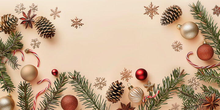 Stilvolle Weihnachtskomposition mit Vintage-Dekorationen, Kugeln, Tannenzweigen auf beigem Hintergrund, &auml;sthetische Weihnachtskartenvorlage
