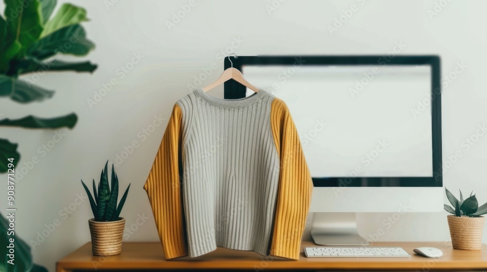 Poster minimalist and modern home office setup with a personalized product recommendation engine display th