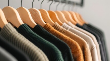 Obraz premium Expertly Curated Clothing Assortment Showcased in Minimalist Retail Display An image capturing a neatly organized clothing rack with various garments hanging in a clean modern setting