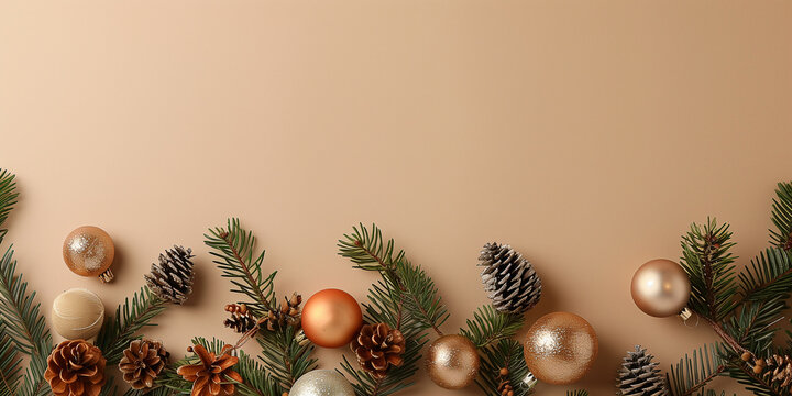 Stilvolle Weihnachtskomposition mit Vintage-Dekorationen, Kugeln, Tannenzweigen auf beigem Hintergrund, &auml;sthetische Weihnachtskartenvorlage