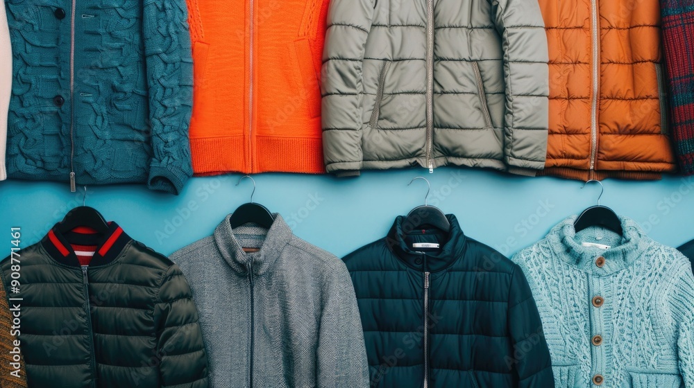 Aufkleber colorful array of jackets coats and puffer vests displayed in a product recommendation engine showca