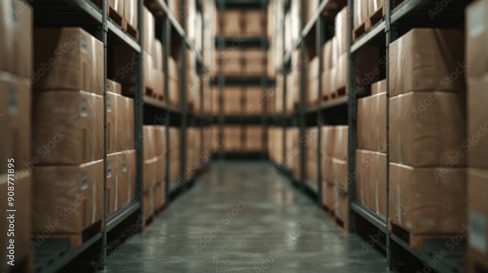 Poster Real time inventory updates and dynamic visual representation of a highly organized warehouse storage facility with precision shelving stacked cardboard boxes