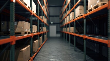 Real time inventory updates in a modern warehouse setting featuring dynamic visuals and a deep depth of field that showcases the organizational efficiency and scale of the facility