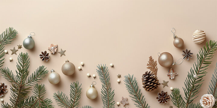 Stilvolle Weihnachtskomposition mit Vintage-Dekorationen, Kugeln, Tannenzweigen auf beigem Hintergrund, &auml;sthetische Weihnachtskartenvorlage