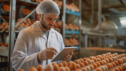 In a contemporary, clean factory, an inspector specifically tasked with food quality utilizes a tablet to oversee and control the production of eggs.