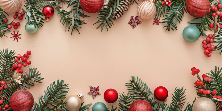 Stilvolle Weihnachtskomposition mit Vintage-Dekorationen, Kugeln, Tannenzweigen auf beigem Hintergrund, &auml;sthetische Weihnachtskartenvorlage