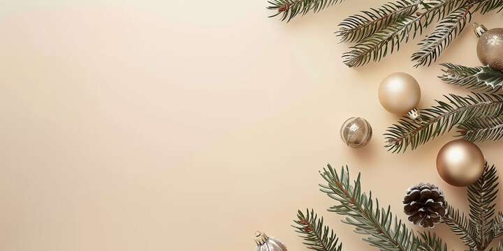 Stilvolle Weihnachtskomposition mit Vintage-Dekorationen, Kugeln, Tannenzweigen auf beigem Hintergrund, &auml;sthetische Weihnachtskartenvorlage