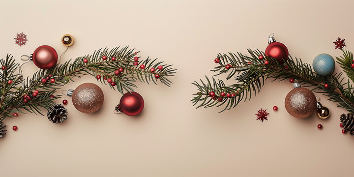 Stilvolle Weihnachtskomposition mit Vintage-Dekorationen, Kugeln, Tannenzweigen auf beigem Hintergrund, &auml;sthetische Weihnachtskartenvorlage