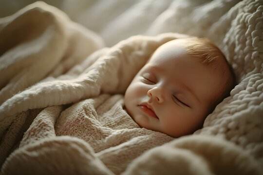 Noworodek, niemowlę, sen noworodka, śpiące dziecko, noworodek, dwa tygodnie, miękki kocyk, spokojny sen, urocza twarz, delikatne światło, przytulność, bezpieczeństwo, ciepło, tekstura, spok&oacute;j, 