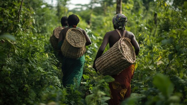Hadza women gather edible plants and fruits while walking through lush vegetation in an African bush landscape