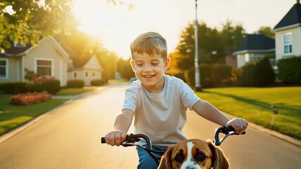 A boy rides his bike joyfully alongside his beagle on a sunny neighborhood street