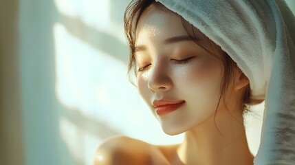 Fototapeta premium Serene Asian Woman Enjoying Peaceful Skincare Moment by Warm Window Light