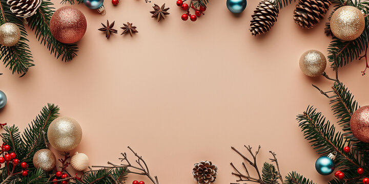 Stilvolle Weihnachtskomposition mit Vintage-Dekorationen, Kugeln, Tannenzweigen auf beigem Hintergrund, &auml;sthetische Weihnachtskartenvorlage