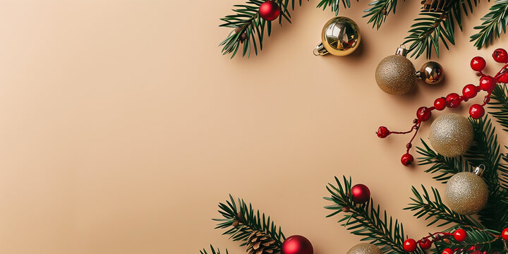 Stilvolle Weihnachtskomposition mit Vintage-Dekorationen, Kugeln, Tannenzweigen auf beigem Hintergrund, &auml;sthetische Weihnachtskartenvorlage