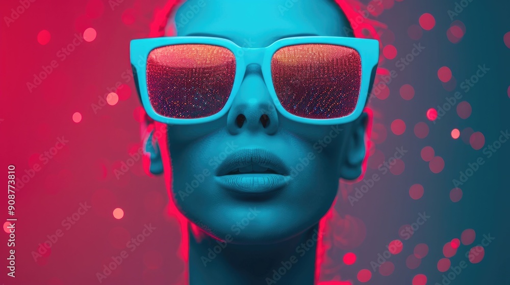 Aufkleber futuristic neon sunglasses with deep depth of field and vibrant colorful bokeh lights creating a sty