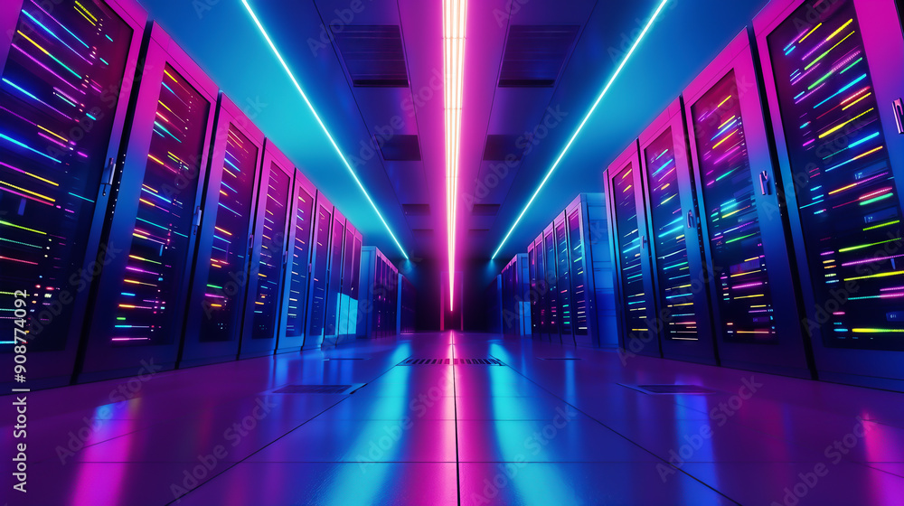 Poster futuristic data center corridor with neon lighting and rows of servers, showcasing advanced technolo