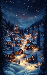 Fototapeta premium A picturesque winter village illuminated at night, surrounded by snow-covered mountains and falling snowflakes.
