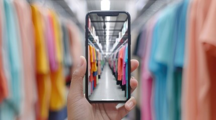 Obraz premium Augmented reality shopping experience featuring interactive product displays with a deep depth of field showcasing the future of retail technology and immersive customer engagement