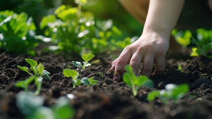 Person planting young vegetables in a garden, focusing on hands and feet planting seeds into rich soil. Outdoor scene with green plants and freshly planted seedlings in the background