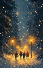 A serene winter evening with illuminated street lamps and snowflakes falling softly on a peaceful path amidst snowy trees.