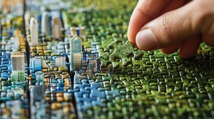 Obraz premium hand makes puzzles green city. Selective focus