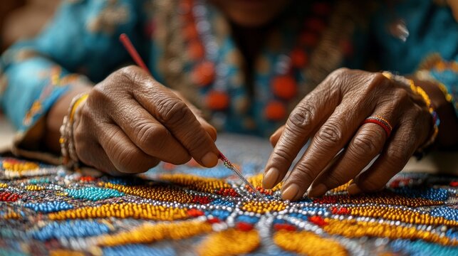 Skilled Khamba artisans engage in detailed beadwork, showcasing traditional craftsmanship and vibrant designs in a remote setting