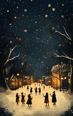 A serene winter night with figures caroling beneath a starry sky and glowing street lights illuminating a snowy path.