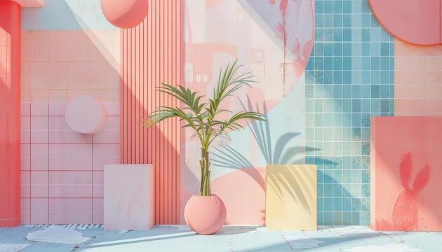 A vibrant and stylish interior scene featuring pastel colors and geometric shapes with a decorative plant as the focal point.
