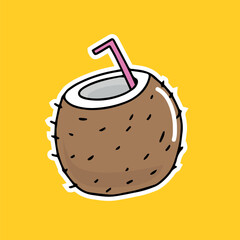 bright juicy illustration coconut juice with a straw 2d in cartoon style on a colorful bright background