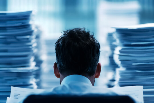 Overworked professional surrounded by towering stacks of paperwork. Illustrates stress, workload, and corporate pressure.