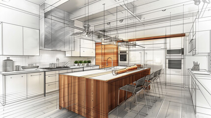 "Modern kitchen interior design featuring white and wood colors with drawing line grids for layout, sketched in pencil drawing style. High-resolution, incredibly detailed depiction of contemporary hom