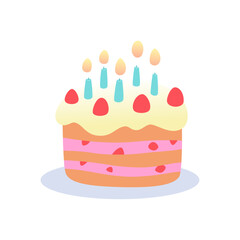 Birthday cake with candles and strawberry for party. Sweet multi layered dainty with creamy icing. Tasty confection, homemade delicacy, bakery product. Cartoon vector illustration.