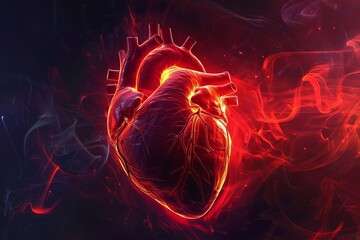 A vibrant, glowing heart surrounded by swirling colors, symbolizing passion and vitality in a mesmerizing abstract design.