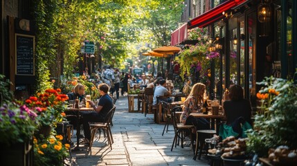 People enjoying sunny day eating and drinking on outdoor cafe terrace in city center