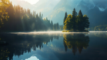 Serene mountain lake with a small island of trees, reflecting the tranquil beauty of nature amidst misty morning light.