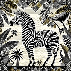 Stylized zebra illustration surrounded by geometric patterns and tropical foliage.