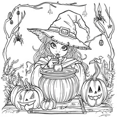 Whimsical Witch Coloring Page Illustration for Kids with Detailed Halloween Scene