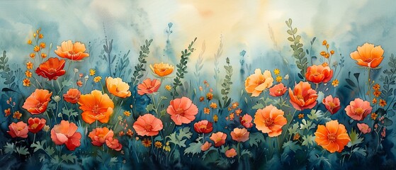 A vibrant landscape filled with colorful flowers under a soft, glowing light, evoking a sense of beauty and tranquility.