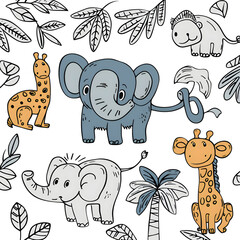 Naklejka premium Adorable Jungle Animals Coloring Page Illustration for Kids with Whimsical Desig