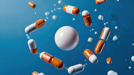 Tablets and capsules fly out of blue background