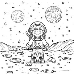 Fototapeta premium Charming Astronaut Coloring Page Illustration for Kids with Space Adventure Scene 