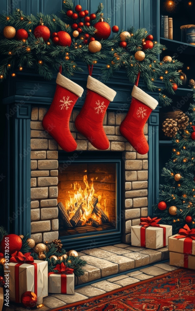 Wall mural Cozy Christmas scene featuring a decorated fireplace, stockings, gifts, and a warm fire creating a festive atmosphere.